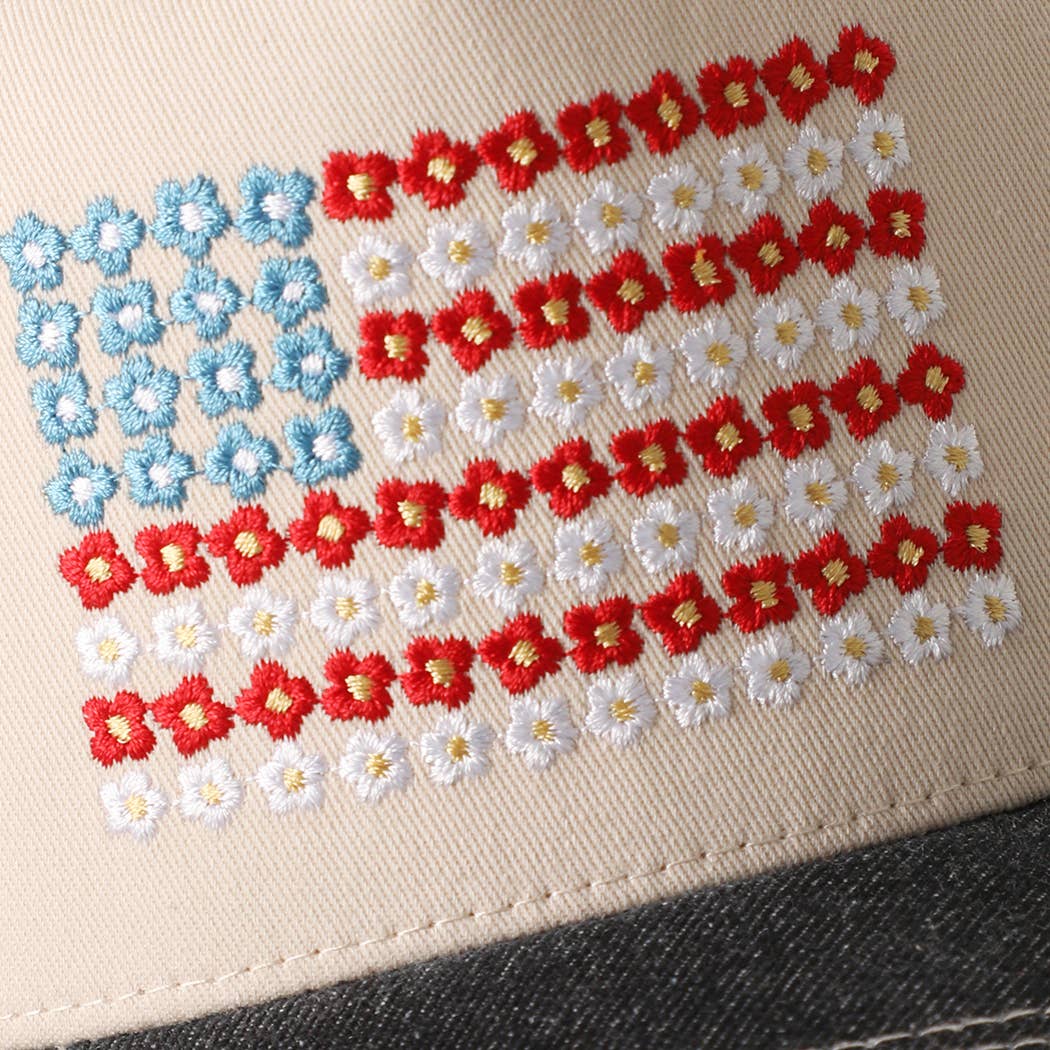 Floral American Flag Embroidered Two-Tone Denim Trucker Hat