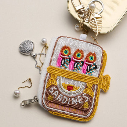 🐟 Sardine Beaded Coin Purse Keychain – Mini Zipper Pouch Bag Charm