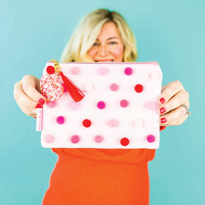 Medium Red & Pink Pom-Pom Pouch – Gingham Cosmetic & Organizer Bag