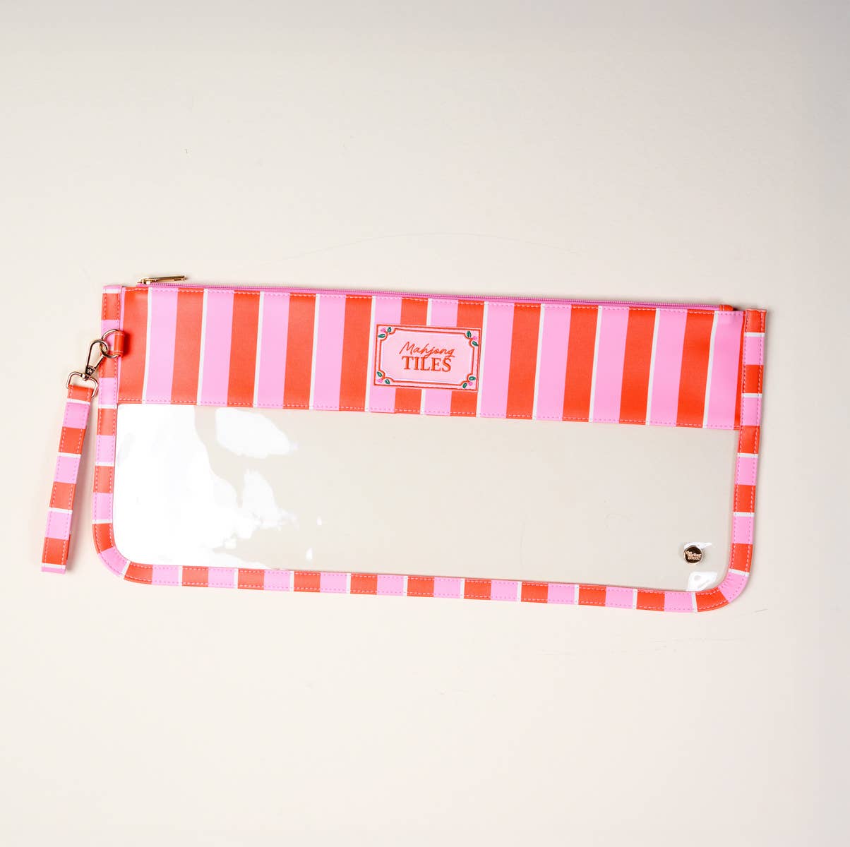 Pink Stripe Mahjong Tile Storage Pouch – Clear Mahjong Travel Bag with Wrist Strap