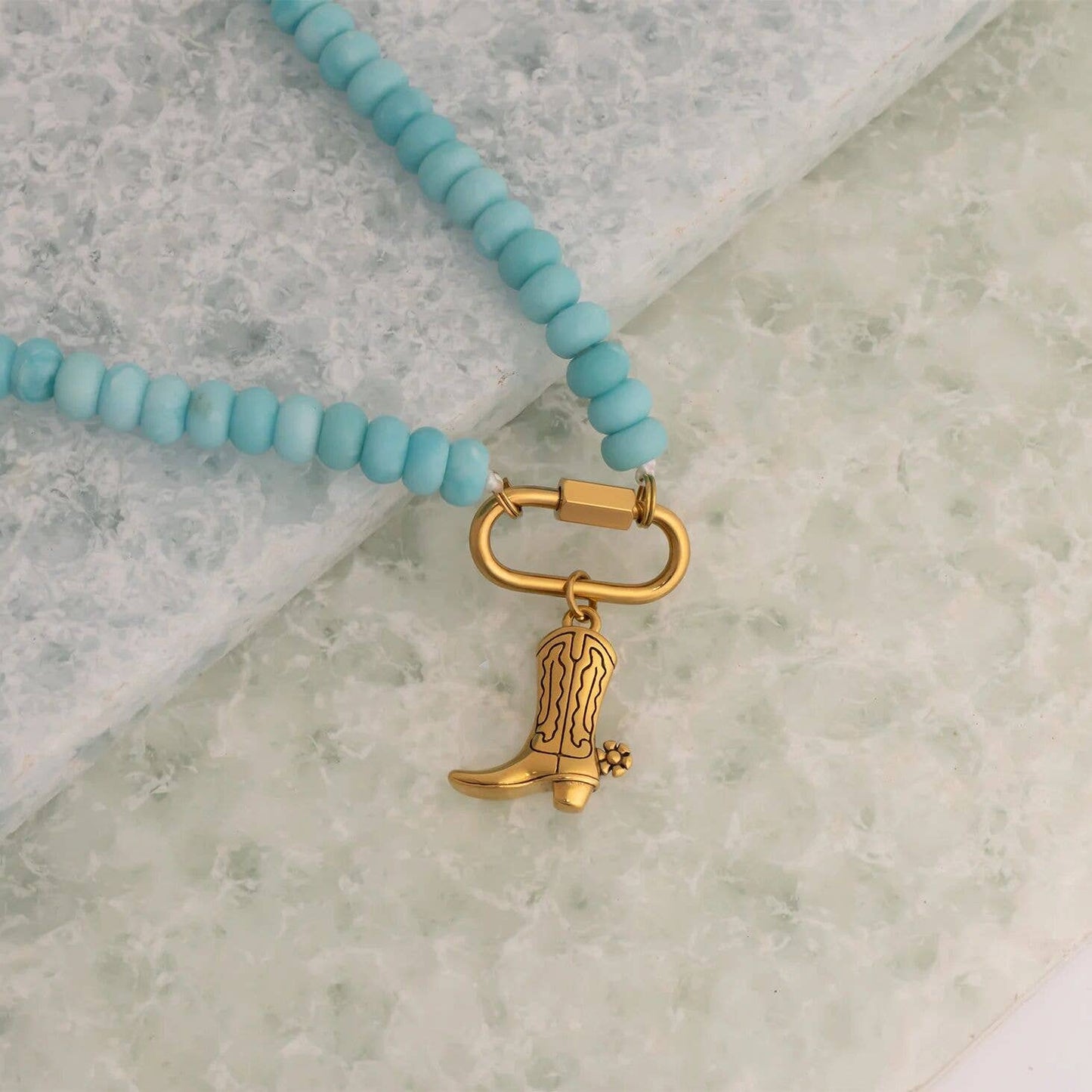 Stainless Steel Turquoise Chunky Bead Carabiner Necklace
