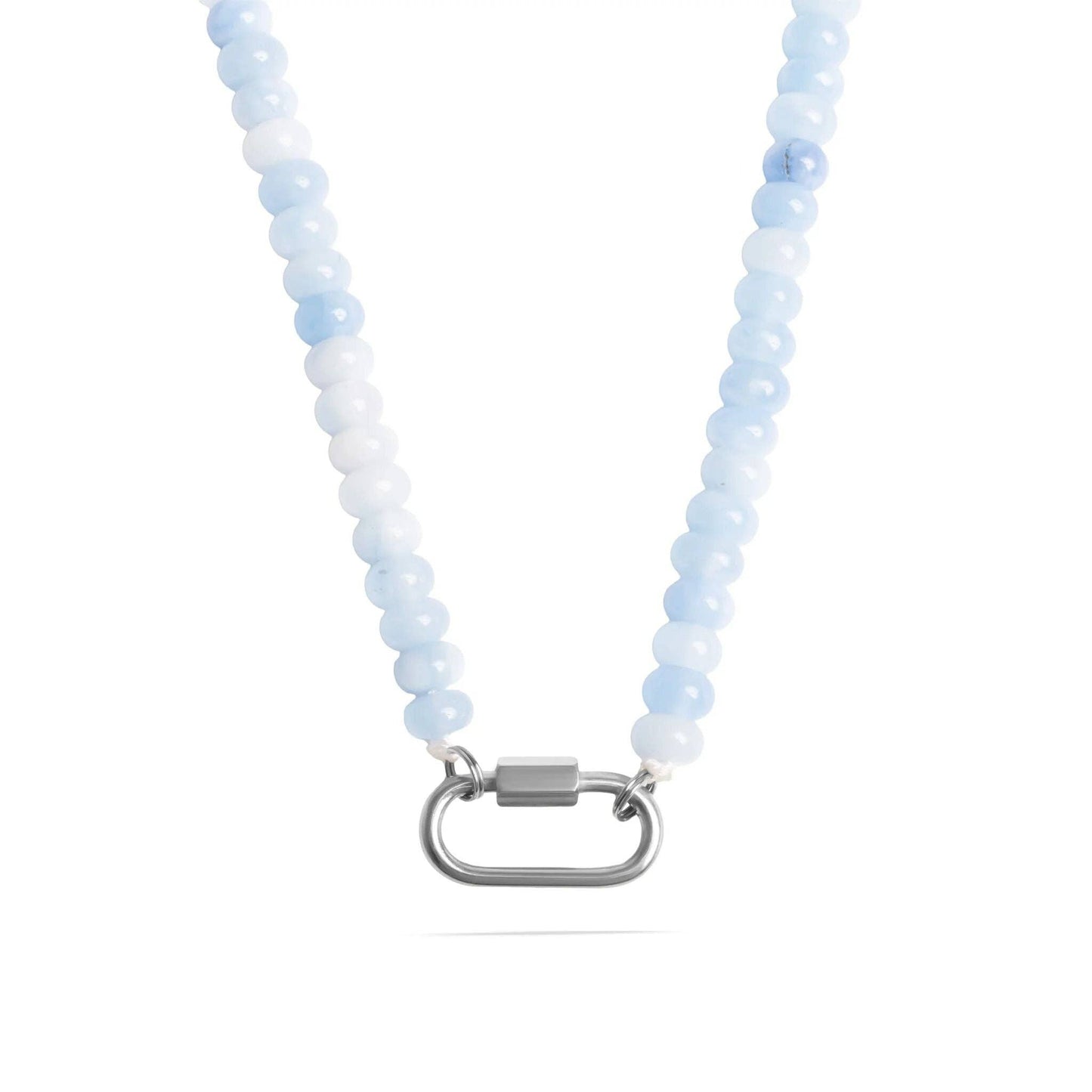Stainless Steel  Blue Chunky Glass Bead Carabiner Necklace