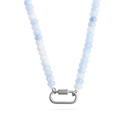 Stainless Steel  Blue Chunky Glass Bead Carabiner Necklace