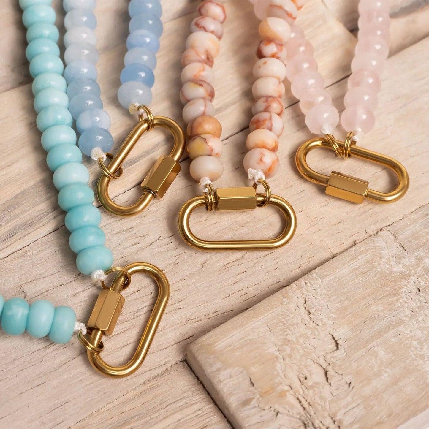 Stainless Steel  Blue Chunky Glass Bead Carabiner Necklace