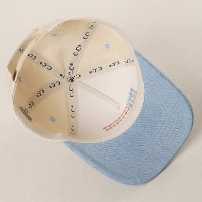 Floral American Flag Embroidered Two-Tone Denim Trucker Hat