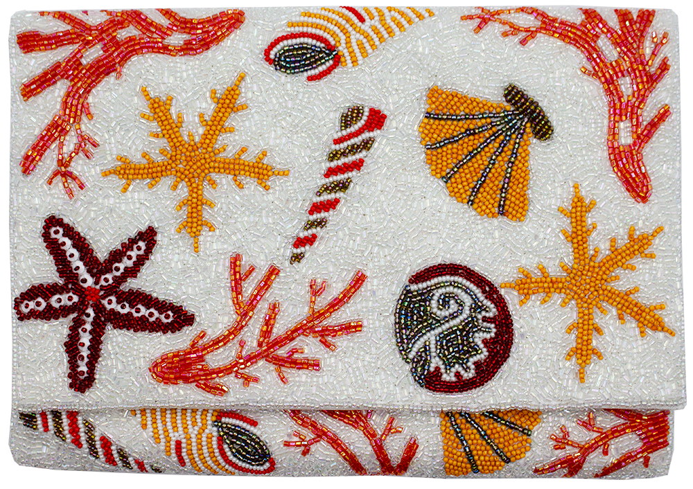 Coral & Seashell Artist Clutch – Coastal Crossbody Bag with Chain