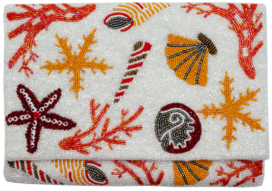 Coral & Seashell Artist Clutch – Coastal Crossbody Bag with Chain