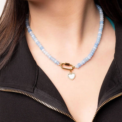 Stainless Steel  Blue Chunky Glass Bead Carabiner Necklace