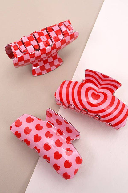 Retro Heart & Checkered Hair Claw Clip – Red & Pink Swirl