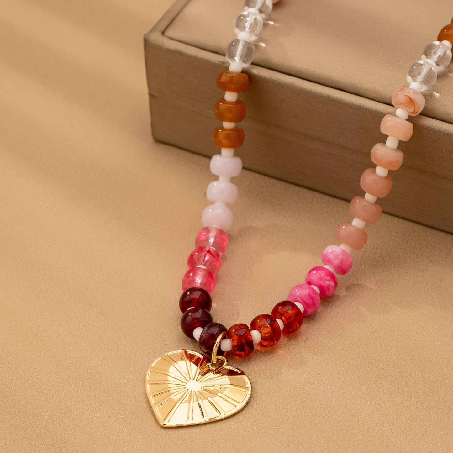 Beaded Chain Heart Charm Necklace  Gold Plated