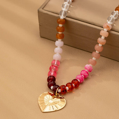 Beaded Chain Heart Charm Necklace  Gold Plated