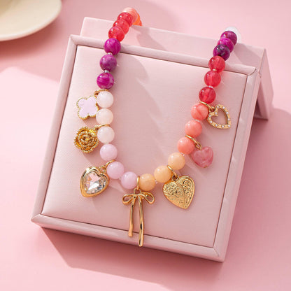 Pastel Beaded Bow & Heart Charm Necklace  Pink  Purple