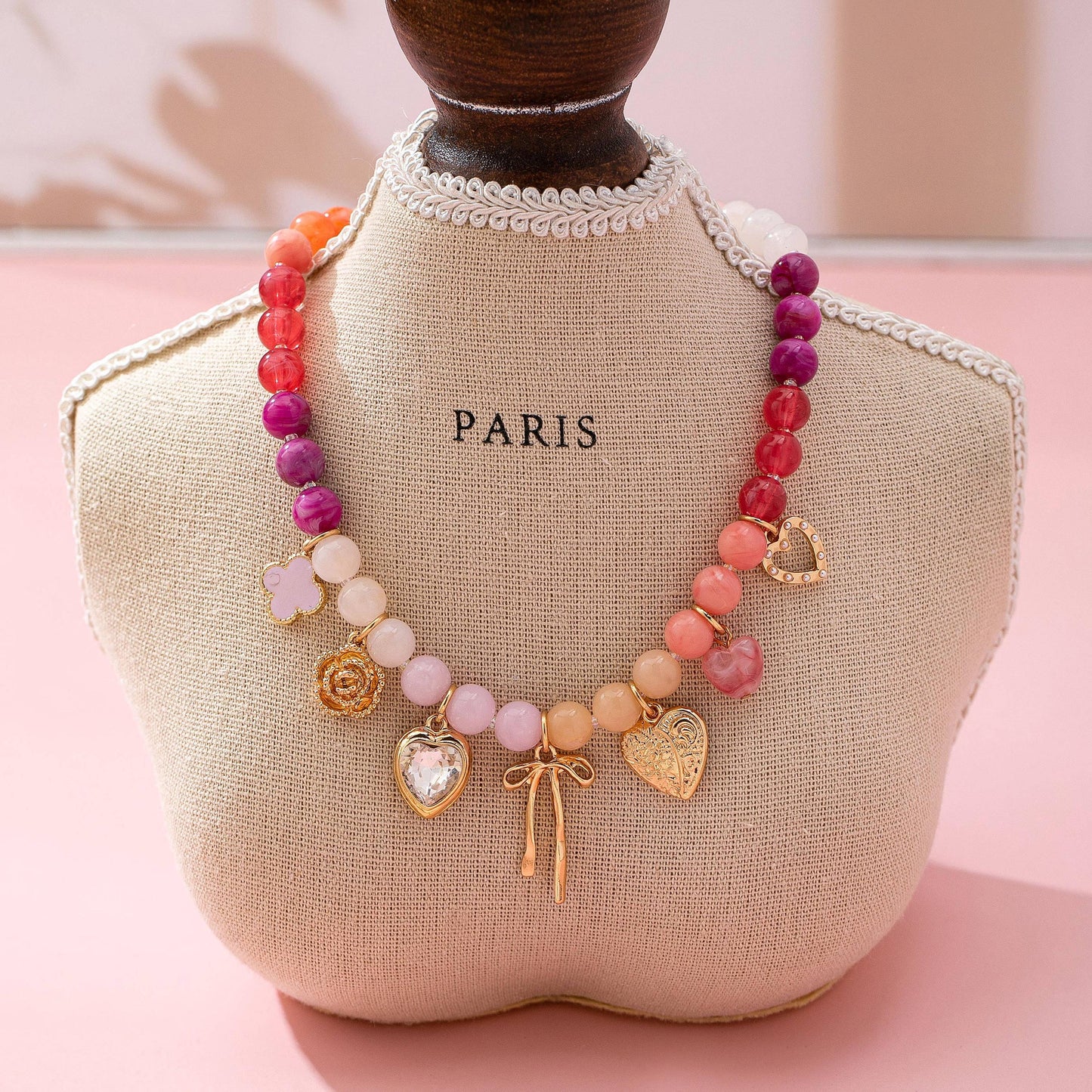 Pastel Beaded Bow & Heart Charm Necklace  Pink  Purple