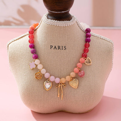 Pastel Beaded Bow & Heart Charm Necklace  Pink  Purple