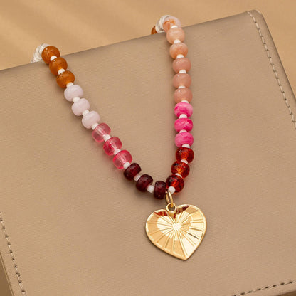 Beaded Chain Heart Charm Necklace  Gold Plated