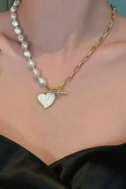 Heart Pendant Pearl Chain Necklace with Rhinestones