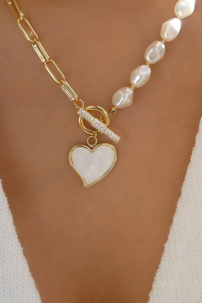 Heart Pendant Pearl Chain Necklace with Rhinestones