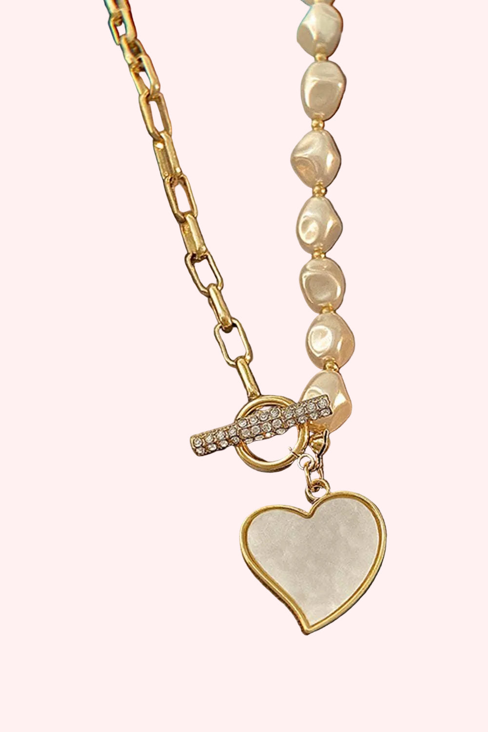 Heart Pendant Pearl Chain Necklace with Rhinestones