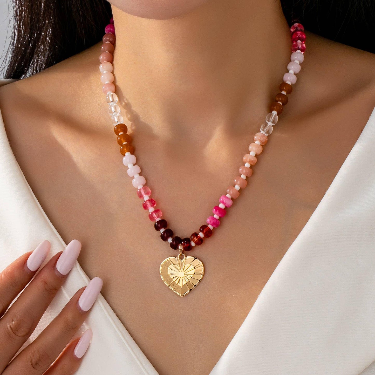 Beaded Chain Heart Charm Necklace  Gold Plated