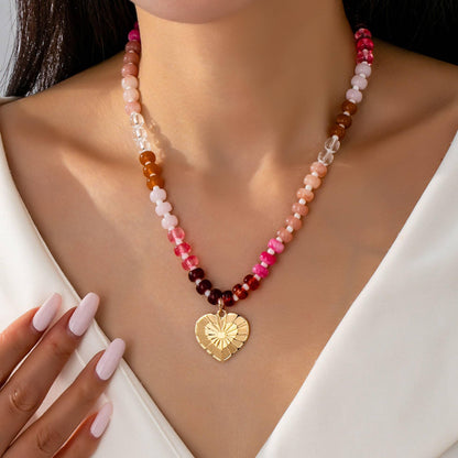 Beaded Chain Heart Charm Necklace  Gold Plated