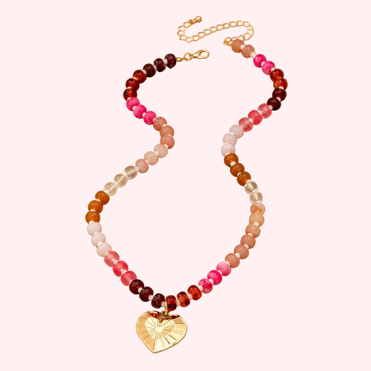 Beaded Chain Heart Charm Necklace  Gold Plated