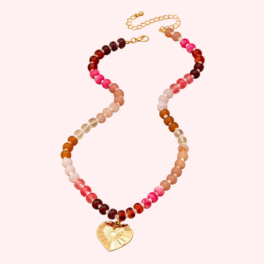 Beaded Chain Heart Charm Necklace  Gold Plated