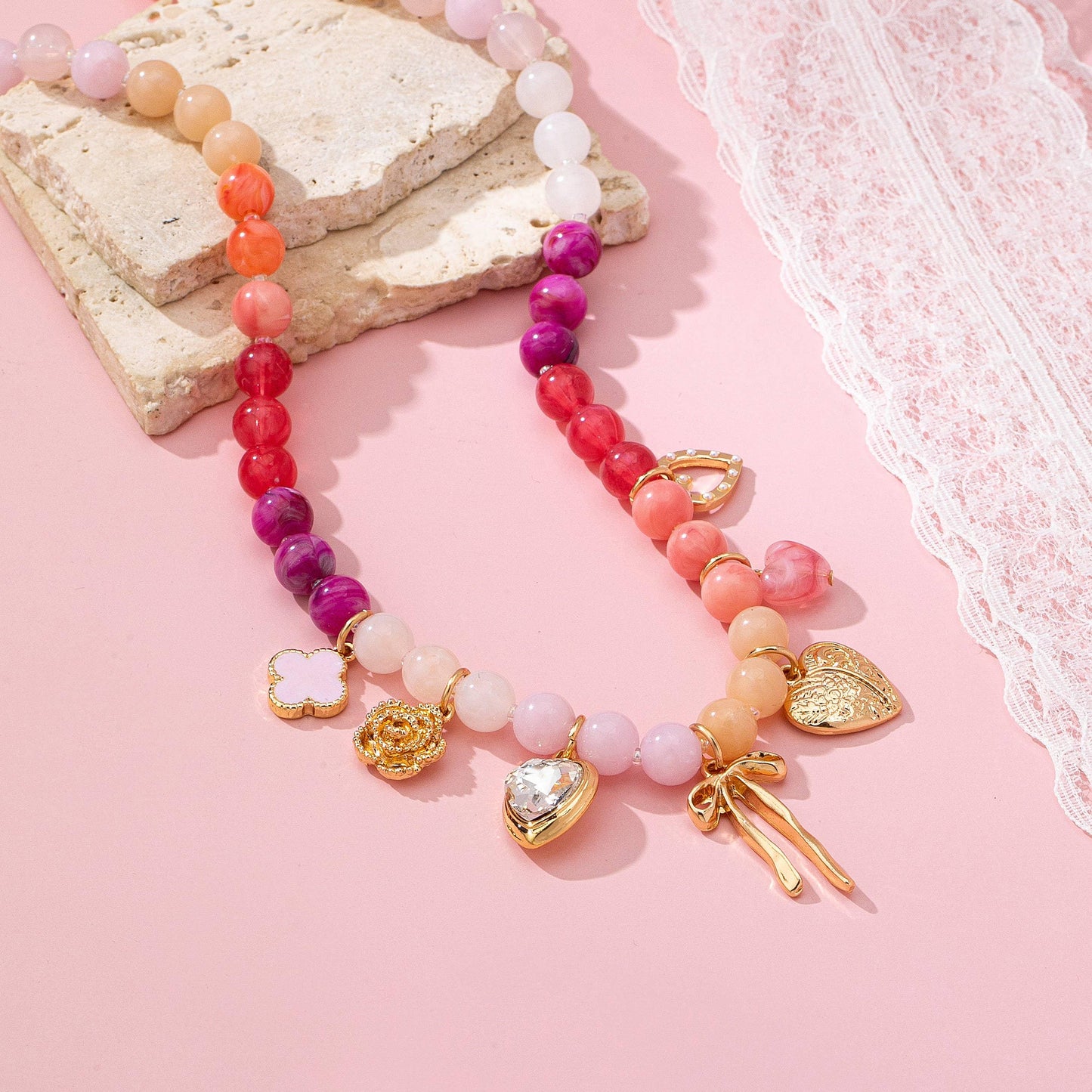 Pastel Beaded Bow & Heart Charm Necklace  Pink  Purple
