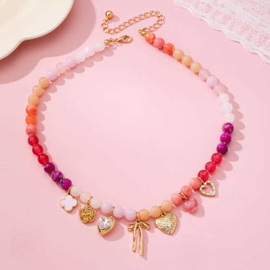 Pastel Beaded Bow & Heart Charm Necklace  Pink  Purple