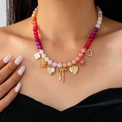 Pastel Beaded Bow & Heart Charm Necklace  Pink  Purple
