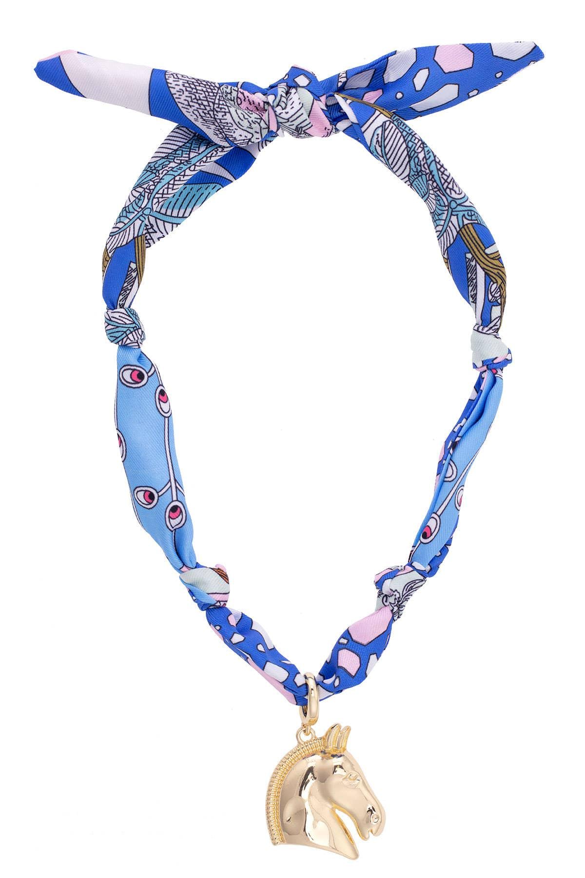 Horse Head Silk Scarf Necklace  Equestrian Statement Jewelry in Light Blue, Light Pink & White